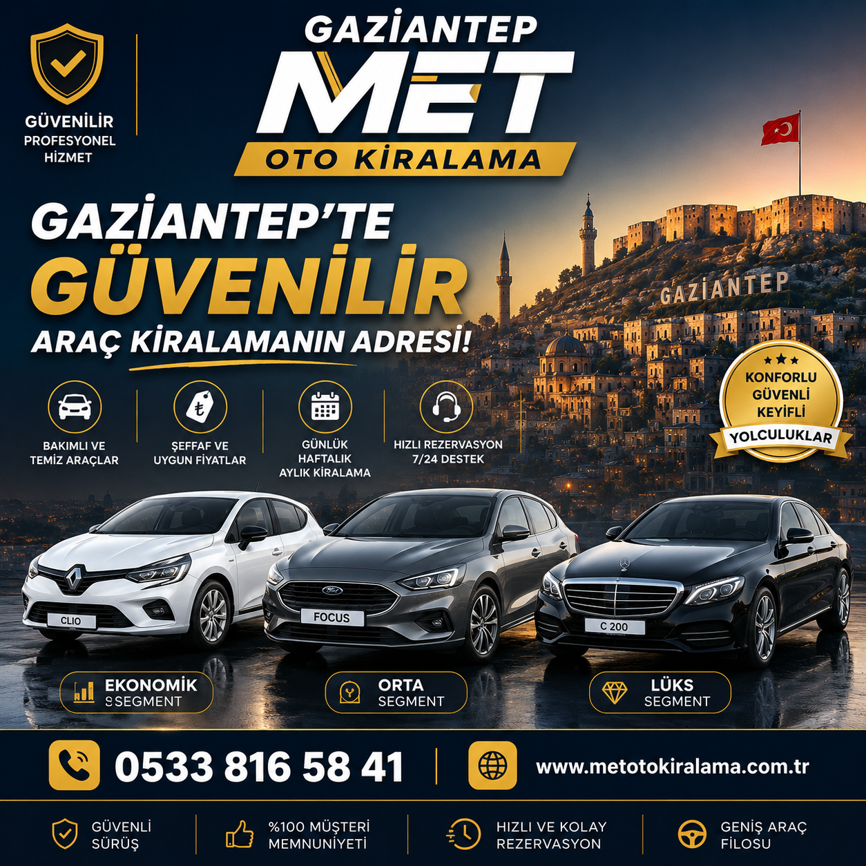 Gaziantep'te güvenilir araç kiralama hizmeti arıyorsanız doğru yerdesiniz. Met Oto Kiralama, ekonomik, orta segment ve lüks araç seçenekleriyle günlük, haftalık ve aylık kiralama ihtiyaçlarınıza profesyonel çözümler sunuyo